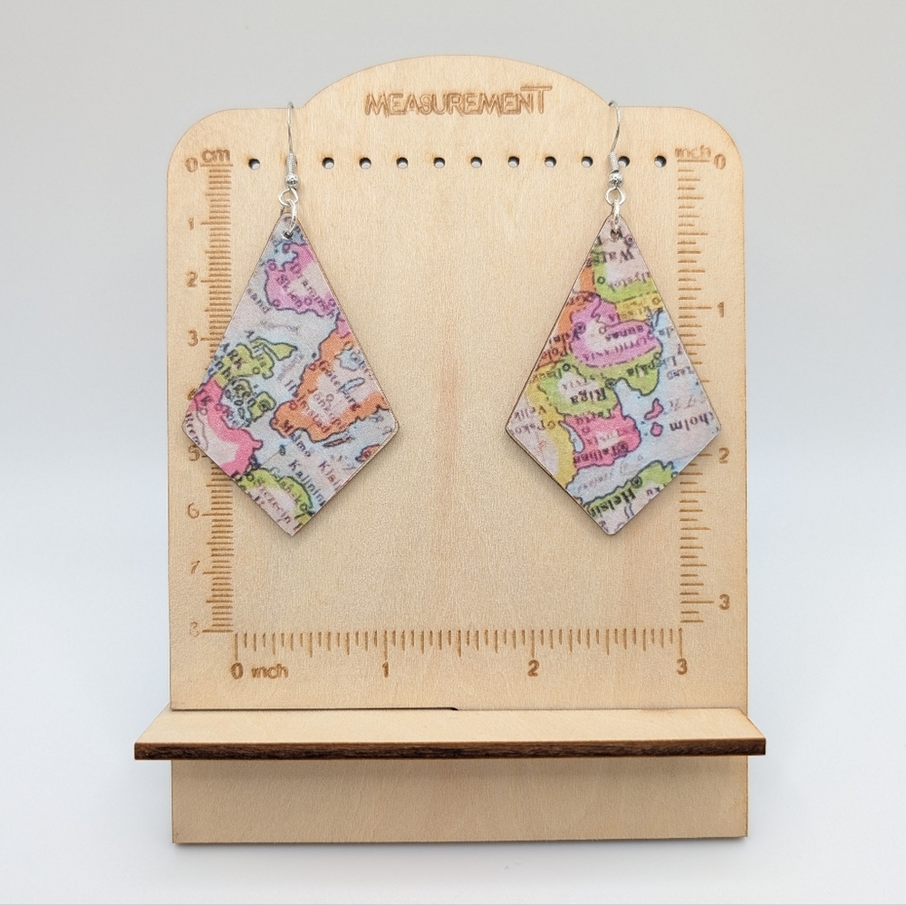 Handmade Map Print Earrings, Decoupaged on Wood - Picture 2 of 7